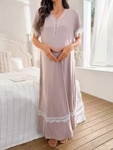 Moonlight&Mama Contrast Color Ruffle V-Neck Button Down Short Sleeve Loose Maternity Long Nightgown - Dusty Pink - View 5