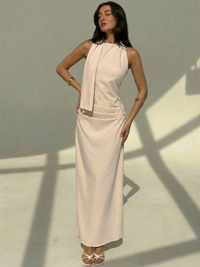 Aloruh Minimalistisk pendlarklänning med aprikosfärgad ny ankomst, ärmlös, rynkad långklänning för kvinnor, vår/sommar