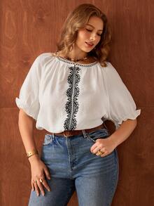 Roveilla Plus Size Women's Spring/Summer French Romantic Sicily Elegant Casual Commute Bohemian Vacation Round Neck Raglan Sleeve Elastic Cuff Ruffle Collar Embroidered Front Short Sleeve Blouse - White - View 6
