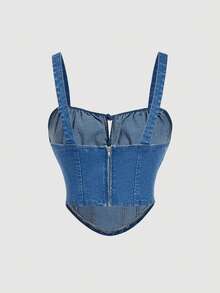 SHEIN MOD Women's Ruched Front Tie Back Zipper Denim Camisole Top - Blue - View 2