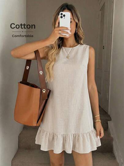 Easowa Vestido mini de mujer de cuello redondo sin mangas con volantes en el bajo a rayas azules y blancas