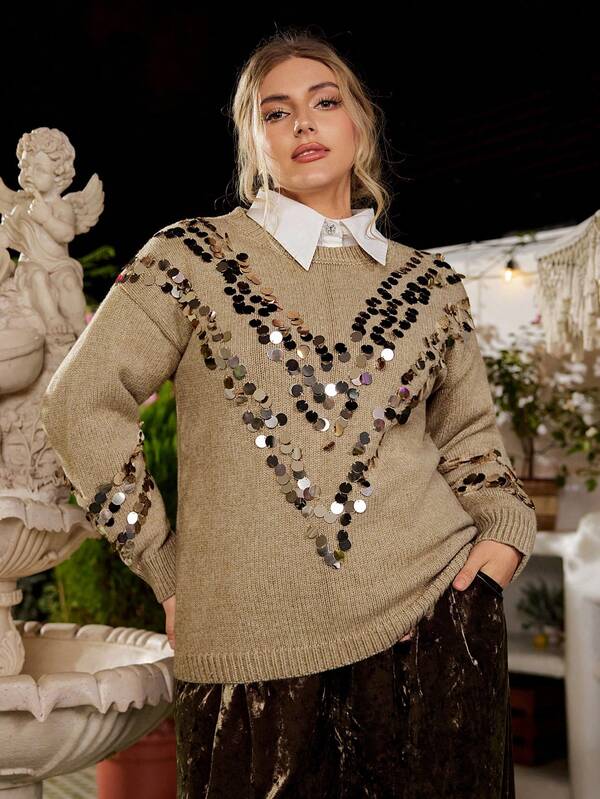 VOLUPTÉ CURVE Suéter holgado de cuello redondo con adornos, de manga larga y color marrón claro, para mujer de talla grande