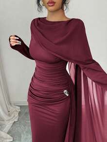 Elenzga Asymmetric Cape Collar Swing Waist Pleated Metal Decor A-Line Elegant Romantic Sophisticated Women's Dress, Velvet Fabric, Autumn/Winter - Burgundy - View 5