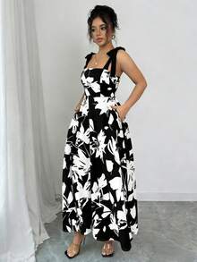 Elenzga Váy đi nghỉ thường ngày họa tiết tương phản màu mơ cho nữ, eo xòe, viền bèo - Đen và trắng - Xem 5