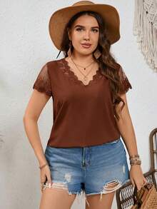 SHEIN Frenchy Plus Size Women's Lace Splicing Short Sleeve Summer Shirt Lace Trim Top, Going Out Tops - Coffee Brown - View 3