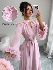 Yasmyna V-Neck Floral Lace Flare Sleeve Midi Dress For Women - Pink - View 1