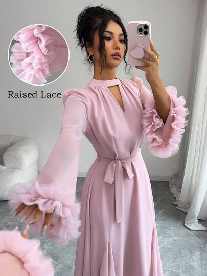 Yasmyna V-Neck Floral Lace Flare Sleeve Midi Dress For Women