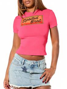 SUMWON WOMEN Áo thun nữ in hình ngộ nghĩnh, tay ngắn, dáng croptop, màu hồng ôm sát, phong cách thường ngày mùa hè. - Hồng - Xem 4