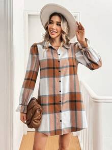 SHEIN LUNE 休闲格子荷叶边下摆长袖衬衫裙，秋冬 - 彩色 - 查看 5