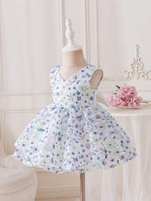 SHEIN Glamorique Kids 碎花连衣裙，女婴刺绣缎面蝴蝶结连衣裙，V领无袖露背公主裙，适合复活节派对 - 藍色 - 查看 3