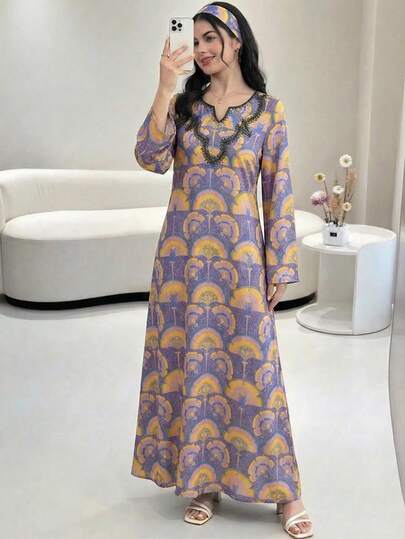 少女印花长袍，优雅复古花卉刺绣，少女休闲简约传统长袖阿拉伯连衣裙，适合春夏穿着，优雅端庄长袖连衣裙，祈祷长袍，舒适休闲，休闲穿着，度假风，端庄卡夫坦长袍，少女长袍，少女长袍