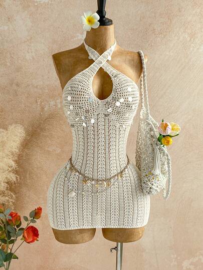 Soleia Vestido de punto con diseño de lentejuelas de unicolor, con escote halter cruzado hueco, para vacaciones