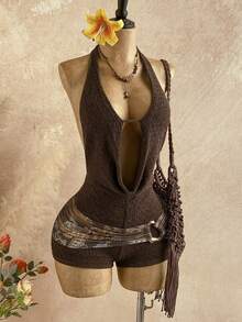 Soleia New Casual Vacation Western Beach Wedding Guest Attire Graduation Brunch Women's St. Patrick's Day Spring Break Easter Music Festival Elegant Bohemian Tropical Halter Backless Metal Beaded Textured Jumpsuit - Multicolor - View 3