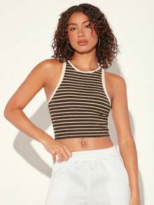 SHEIN BASICS Áo tank top nữ họa tiết kẻ sọc, kiểu dáng thường ngày, thích hợp cho mùa hè. - Màu nâu Sô-cô-la - Xem 6