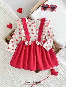 Cozy Pixies 2pcs Baby Girl Valentine's Day Heart Pattern Knit Soft Crew Neck Long Sleeve Top And Red Suspender Dress Set - Red - View 8