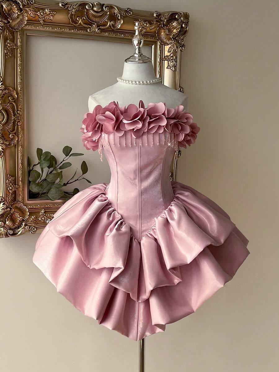 Lovelzi Women's Strapless Floral Tassel Asymmetrical Ruffle Hem Elegant Chic Party Cocktail Dress