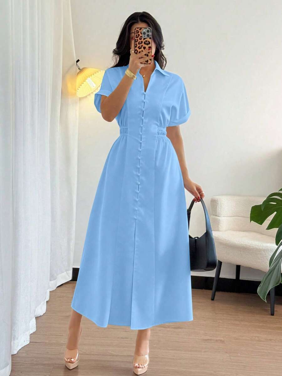 Rafferiza 女士休闲衬衫裙，纽扣前襟，插肩袖，腰部收紧 - 霧霾藍 - 查看 1