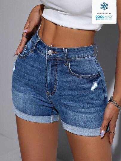 Jeanoix Women's Pocket Distressed Cuffed Casual Versatile Denim Shorts