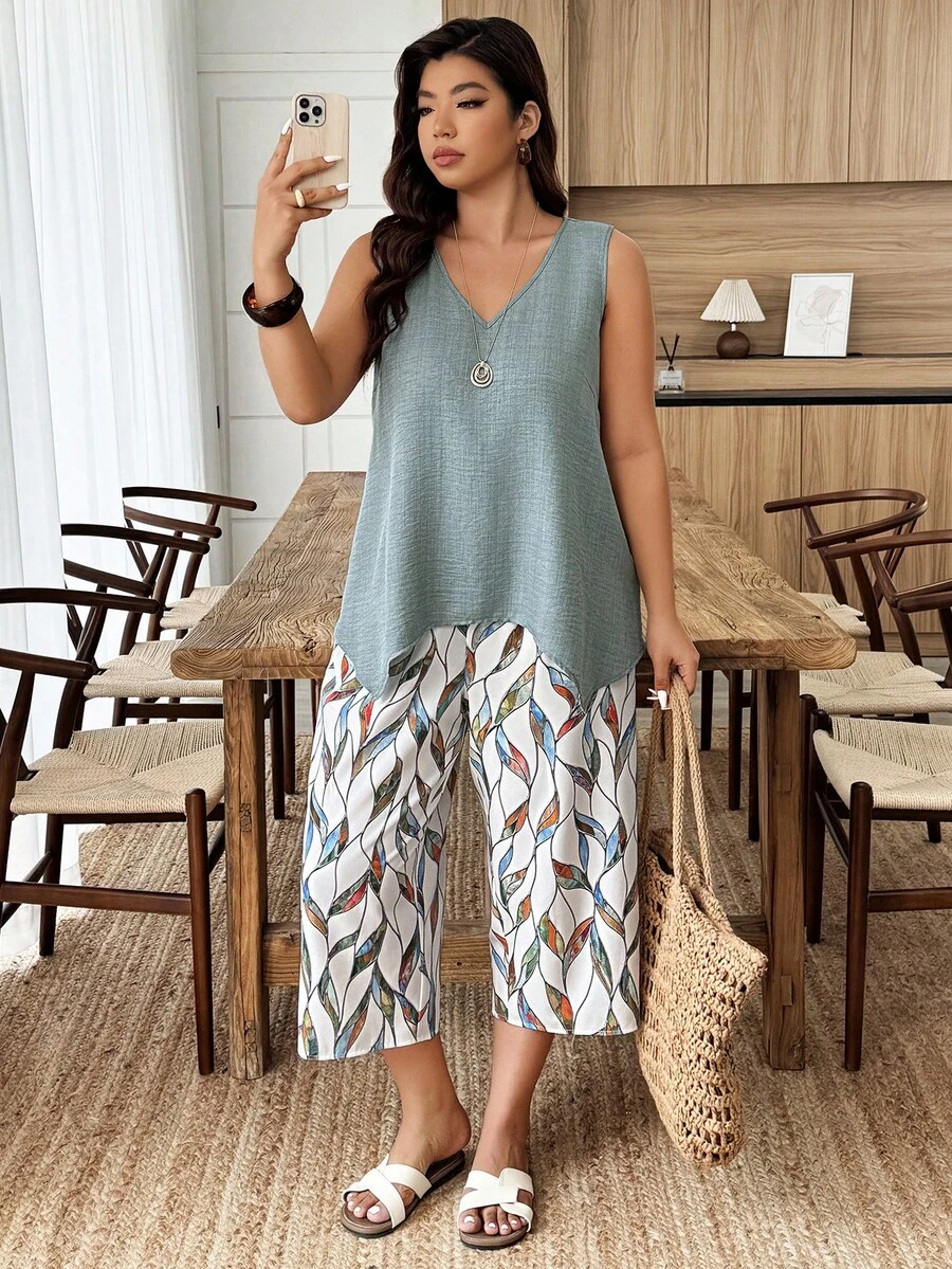Weeklong Plus Size Summer Casual Solid Color Tank Top And All-Over Print Pants 2 Pieces Set - Green - View 1