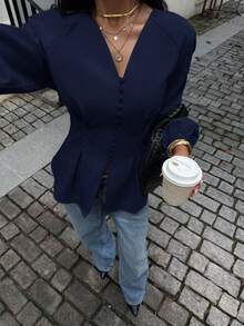 Siren Gaze Women's Casual, Vacation, Daily, Workplace Commute Simple Solid Color Lantern Sleeve Cinched Waist Blouse, Spring/Autumn Elegant - Navy Blue - View 3