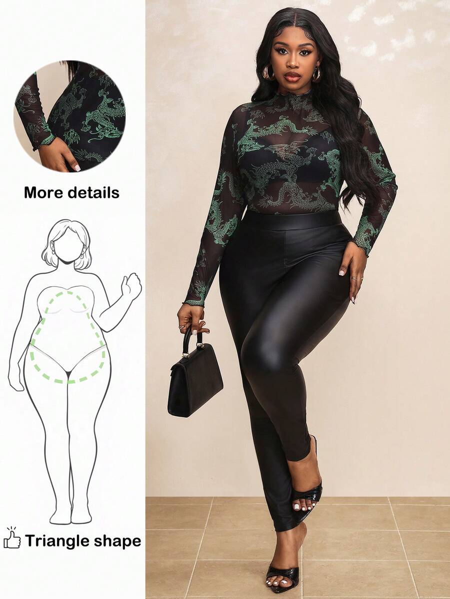 Truni 大码女士时尚性感龙纹薄纱上衣，适合梨形和三角形身材 - 彩色 - 查看 1