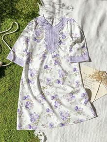 SHEIN Vintaside Kids Girls Yellow Ditsy Floral Long Sleeve Dress, Fashionable Ruffle Design Casual Wear - Purple - View 4