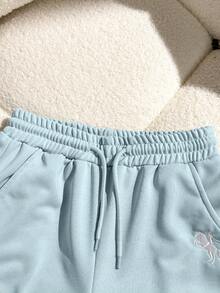 SHEIN 两件套女童休闲套装，包括一件宽松版型的长袖拉链高领卫衣和一条宽松阔腿裤，适合日常穿着和运动。 - 淺藍色 - 查看 6