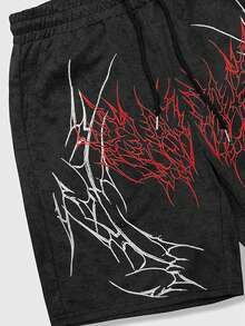 ROMWE MEN 男士哥特式图案抽绳腰带口袋休闲百搭日常短裤 - 黑色 - 查看 4