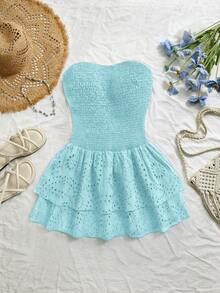 SHEIN Unity Navy Blue Vacation Style Pleated Sleeveless Halter Sexy Cinched Waist Hollow Embroidered Ruffle Hem Elegant Dress - Mint Blue - View 6