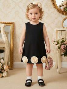 Souflis Souflis 法国新款女婴可爱优雅高端缎面3D蕾丝花朵蝴蝶结露背可拆卸连衣裙，公主风派对礼服，夏季 - 黑色 - 查看 2