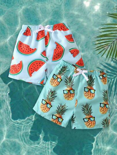 SHEIN 2 st/set Ung pojke Casual Löst Mode Söt Klassisk Coola Solglasögon Ananas & Färgglad Vattenmelon Frukt Mönster Badbyxor, Lämplig För Vår/Sommar