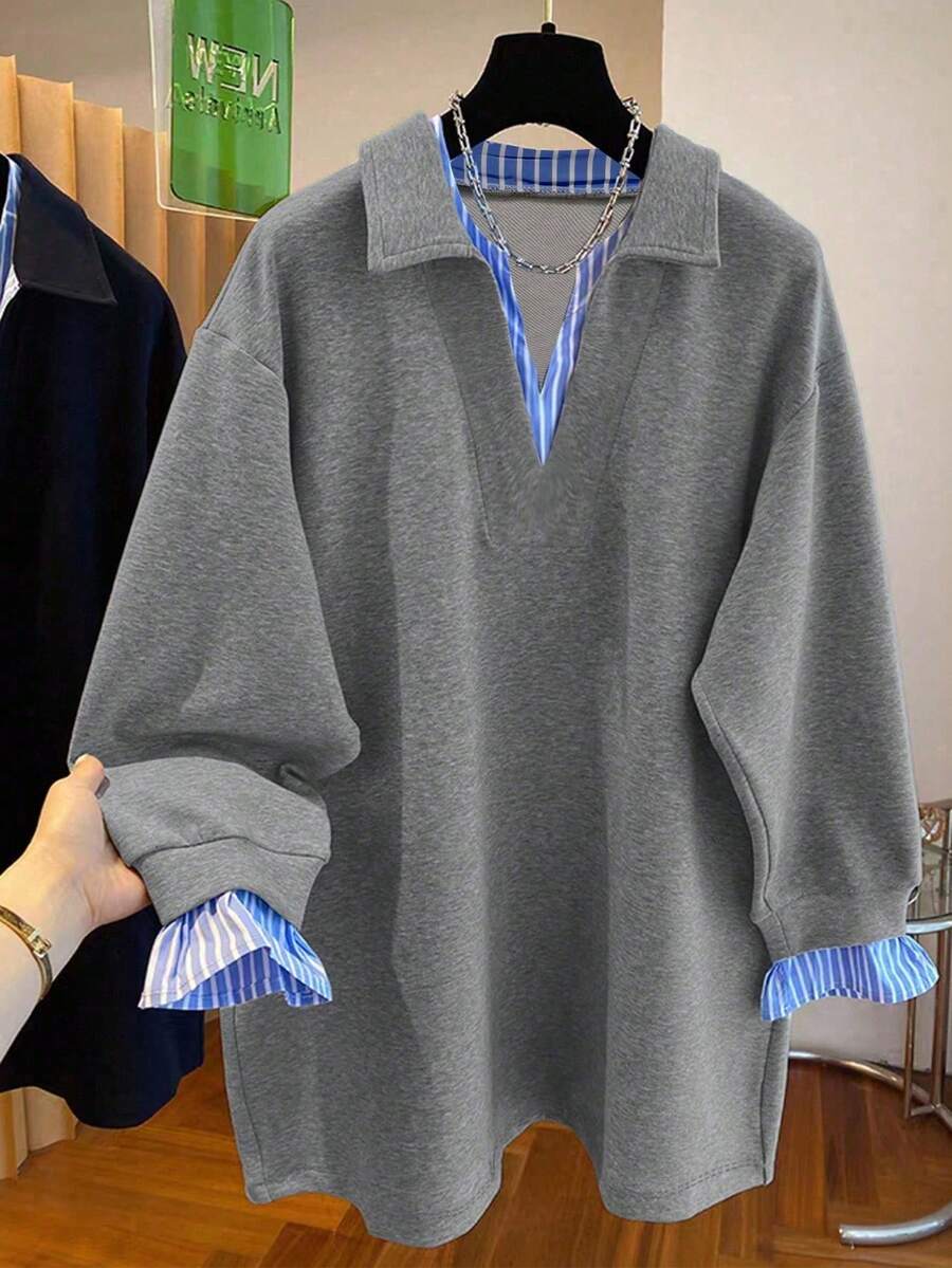 SHEIN 女式休闲条纹拼布运动衫，秋季 - 深灰色 - 查看 1