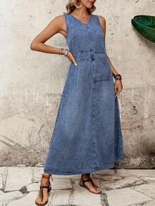 EMERY ROSE 女士V领口袋设计休闲宽松牛仔无袖连衣裙 - 藍色 - 查看 5