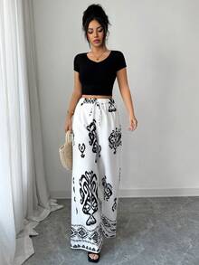 SHEIN Elenzya 女士复古印花宽松阔腿裤 - 白色 - 查看 6