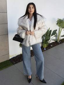 Hitanina 女士冬季翻领前开襟蓬松夹克 - 灰色 - 查看 1