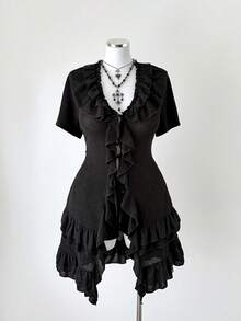 Sunspun Áo kiểu nữ cỡ lớn cổ bèo nhún thắt nơ phía trước - màu đen - Xem 5