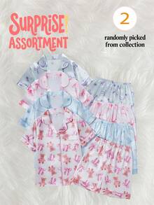 Sweet Style School Girls Pajamas, Satin Fabric With Printed Patterns, Short Sleeve Collared Cardigan Top Paired With Shorts, Comfortable Loungewear, 4 Sets Randomly Shipped As 2 Set Combinations, Suitable For Summer - Multicolor - View 4