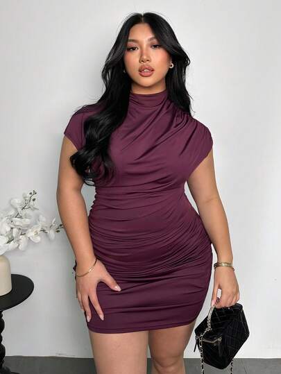 Firerie Plus Size Women Solid Color Stand Collar Ruched Fitted Midi Dress