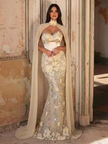 Glamrae Váy đuôi cá dệt kim co giãn, sang trọng, màu xanh lá cây đính cườm hoa 3D, gợi cảm, không dây vai, phù hợp cho đám cưới, tiệc tùng, kỳ nghỉ, dạ hội, váy dạ hội (đính kết cầu kỳ) Váy dạ hội màu sâm panh Váy dạ hội thanh lịch Váy dạ hội lộng lẫy Váy cưới Váy dạ hội không dây vai kiểu đuôi cá Váy thêu hoa Váy dạ hội nữ - Rượu sâm banh - Xem 8