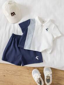 SHEIN 2件套幼儿男童休闲撞色短袖polo衫和短裤套装，春夏男婴服装，套装 - 藏蓝色 - 查看 5