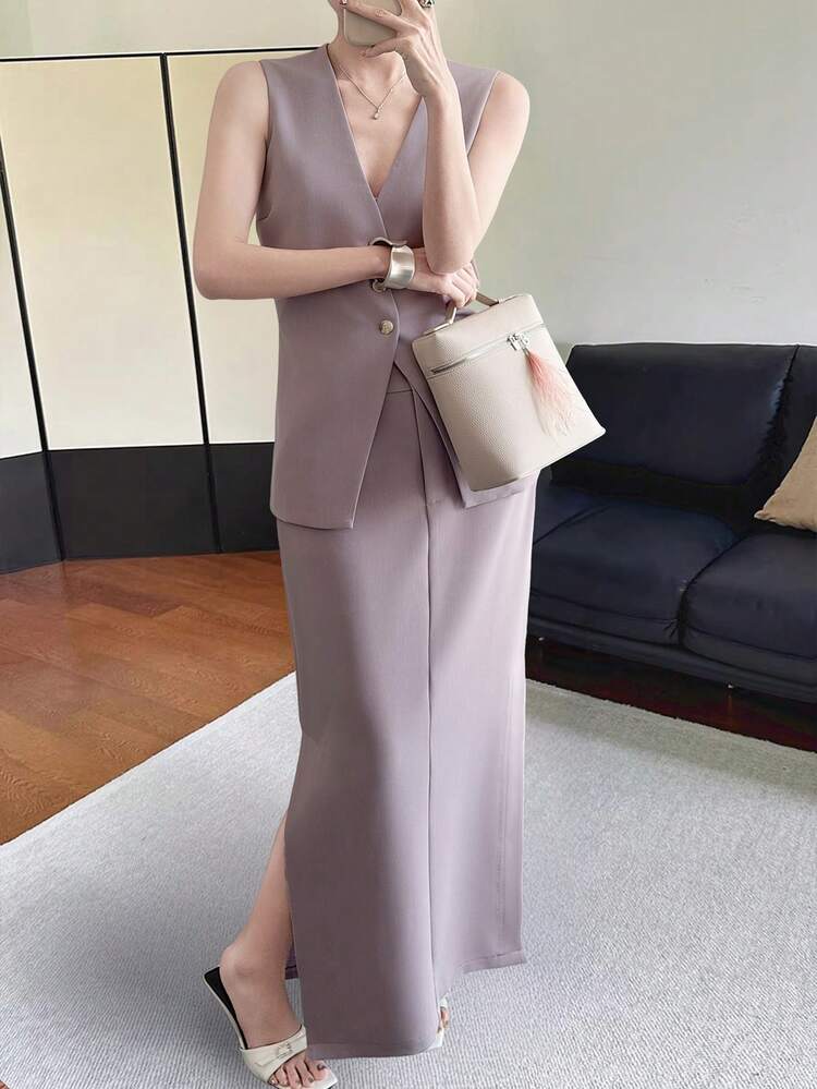 Women's Solid Color Single-Breasted Vest And Midi Skirt Elegant 2 Pieces Set Summer