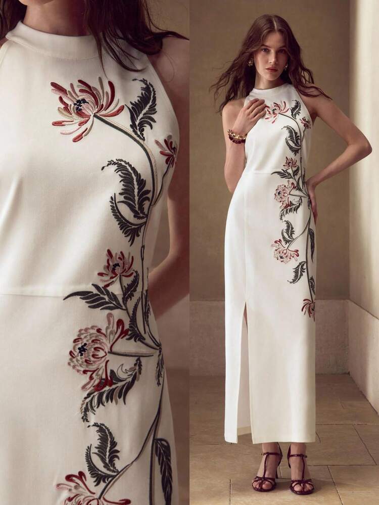 EMBROIDERY SPLIT THIGH DRESS
