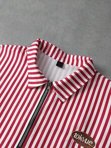 PAVTROS TOKUVE 男士休闲 Polo 衫，年轻时尚的拉链门襟 Polo 衫，简约休闲条纹面料，日常穿着，灵感源自 ，短袖翻领 T 恤/Polo 衫，适合音乐节、度假和日常穿搭，男士休闲衬衫，居家休闲，度假文化，可个性化定制，送给丈夫或男友的礼物 - 紅色 - 查看 5