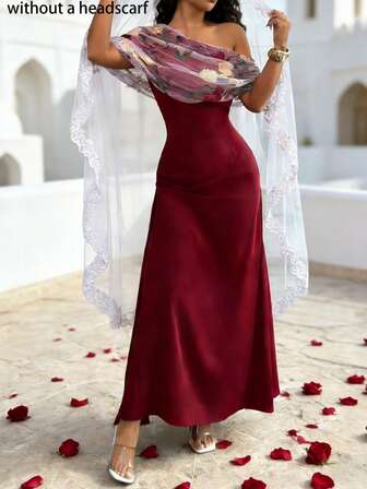 Rafferiza Burgundy Off-Shoulder Maxi Dress / Rose Embroidered Mesh Shawl / Vintage Elegant / Formal Gown