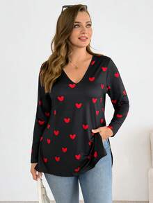 SHEIN Essnce Áo thun dài tay cổ chữ V xẻ cao màu đen in hình trái tim, chất liệu co giãn thoải mái, dành cho nữ, thích hợp mặc hàng ngày, mùa xuân và thu, thời trang thường ngày. - màu đen - Xem 4