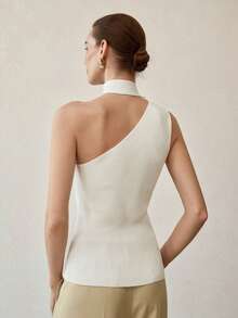 MOTF PREMIUM SOLID ASYMMETRICAL HALTER NECK SLIM FIT RIBBED KNIT TOP - White - View 3