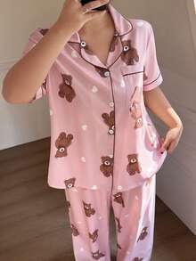 Dream Adore Conjunto de pijama de cárdigan con volantes y estampado de corazones y osos para mujer de talla grande - Rosa - Ver 4
