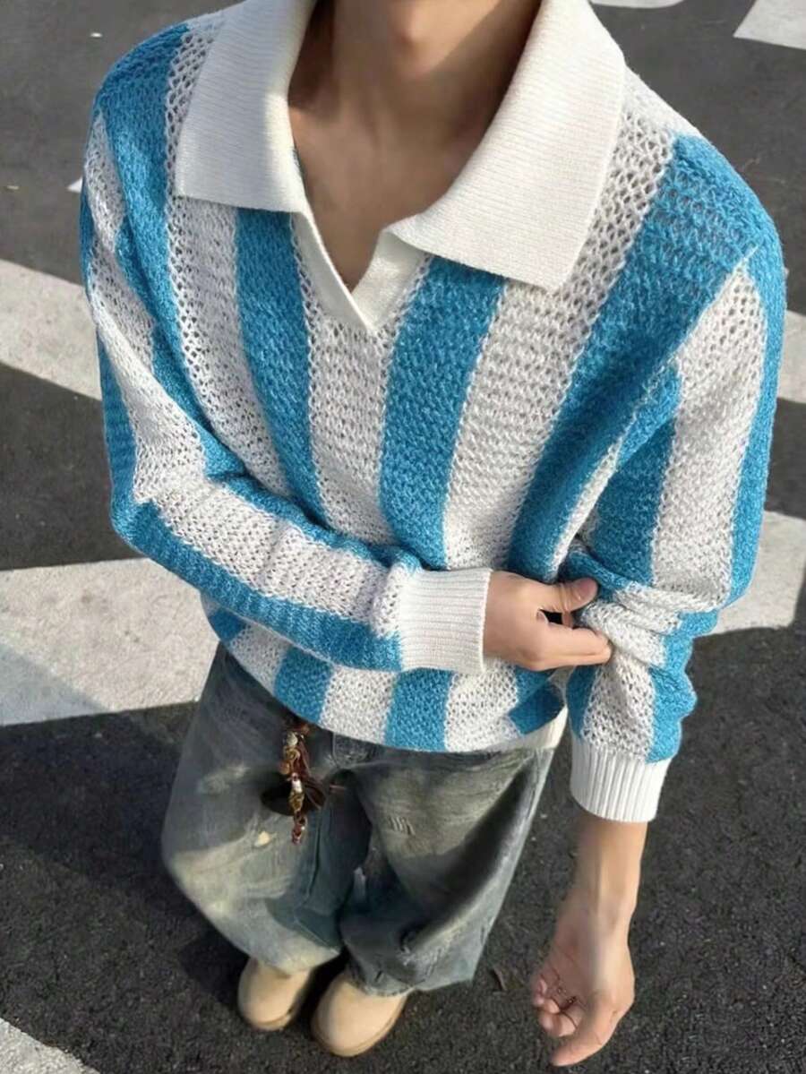 Manfinity Dauomo American Gothic Style Striped Hollow V-Neck Knit Sweater, Loose & Versatile Layering Top - Blue - View 1