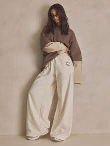 MUSERA Graphic Elasticated Tie Waist Straight Leg Joggers Summer, Sporty, Casual, Day, Streetstyle, Streetwear - Beige - View 1