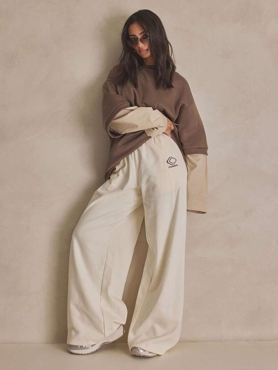 MUSERA Graphic Elasticated Tie Waist Straight Leg Joggers Summer, Sporty, Casual, Day, Streetstyle, Streetwear - Beige - View 1